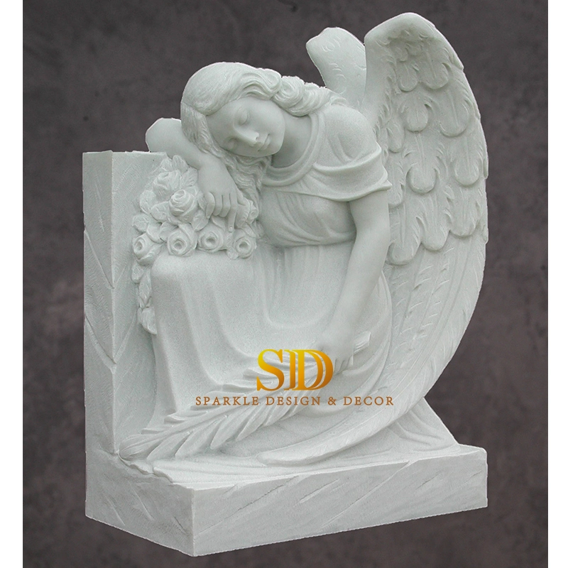 Customized Hand Carving Standing White Marble Angel Tombstone Statue Angel Gravestone for Sale