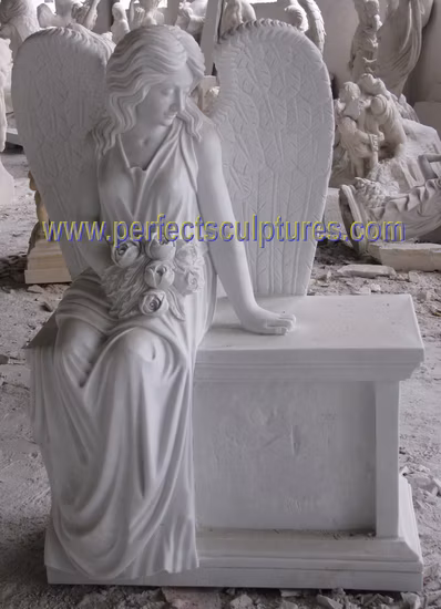 Benutzerdefinierte Friedhofsstatue aus weißem Marmor, weinender Engel, Grabstein für Friedhofsskulptur (SY-X1221A)